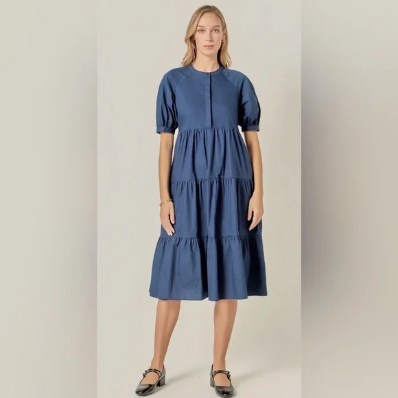 NWT ENGLISH FACTORY SHORT PUFF SLEEVE MIDI DRESS, SIZE 1X - Picture 1 of 16